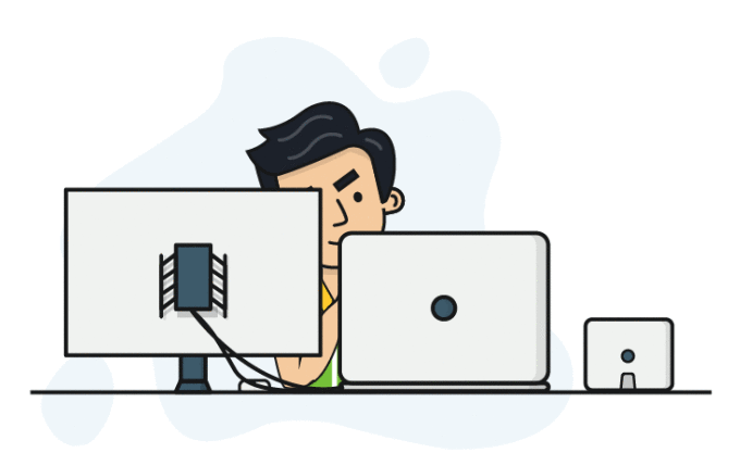 Illustration of a developer at a multi-monitor setup